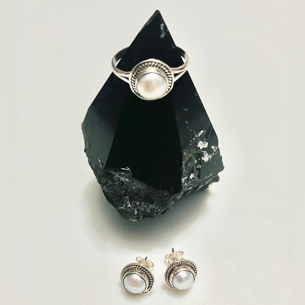 Sterling Silver Pearl Earrings and Ring Set